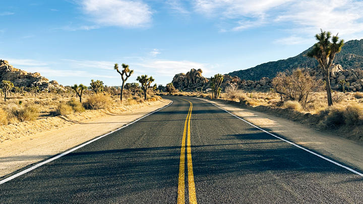 long open road in Joshua Tree symbolizing the journey of recalculating life’s path and finding the right direction